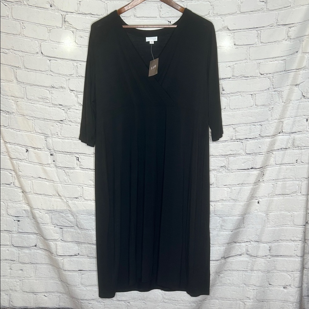 J. Jill Black Wrap Bodice Black V-Neck Midi Dress Size 1X Brand New W/Tags